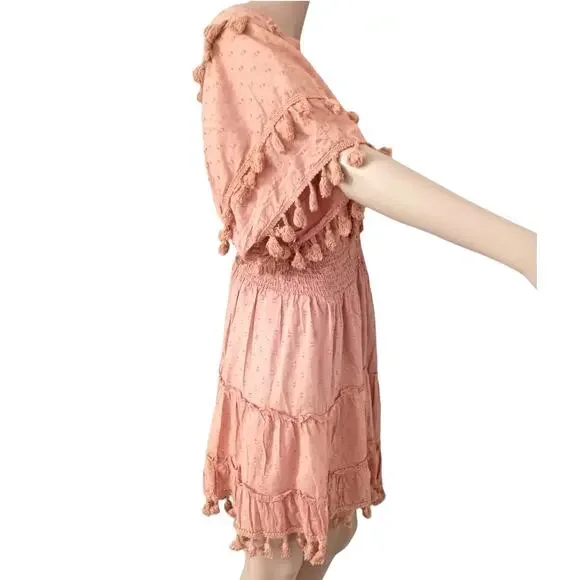 Z&L Europe Blush Pink Plunge Neck Tassel Mini Dress Cover Up Size L - Picture 3 of 12